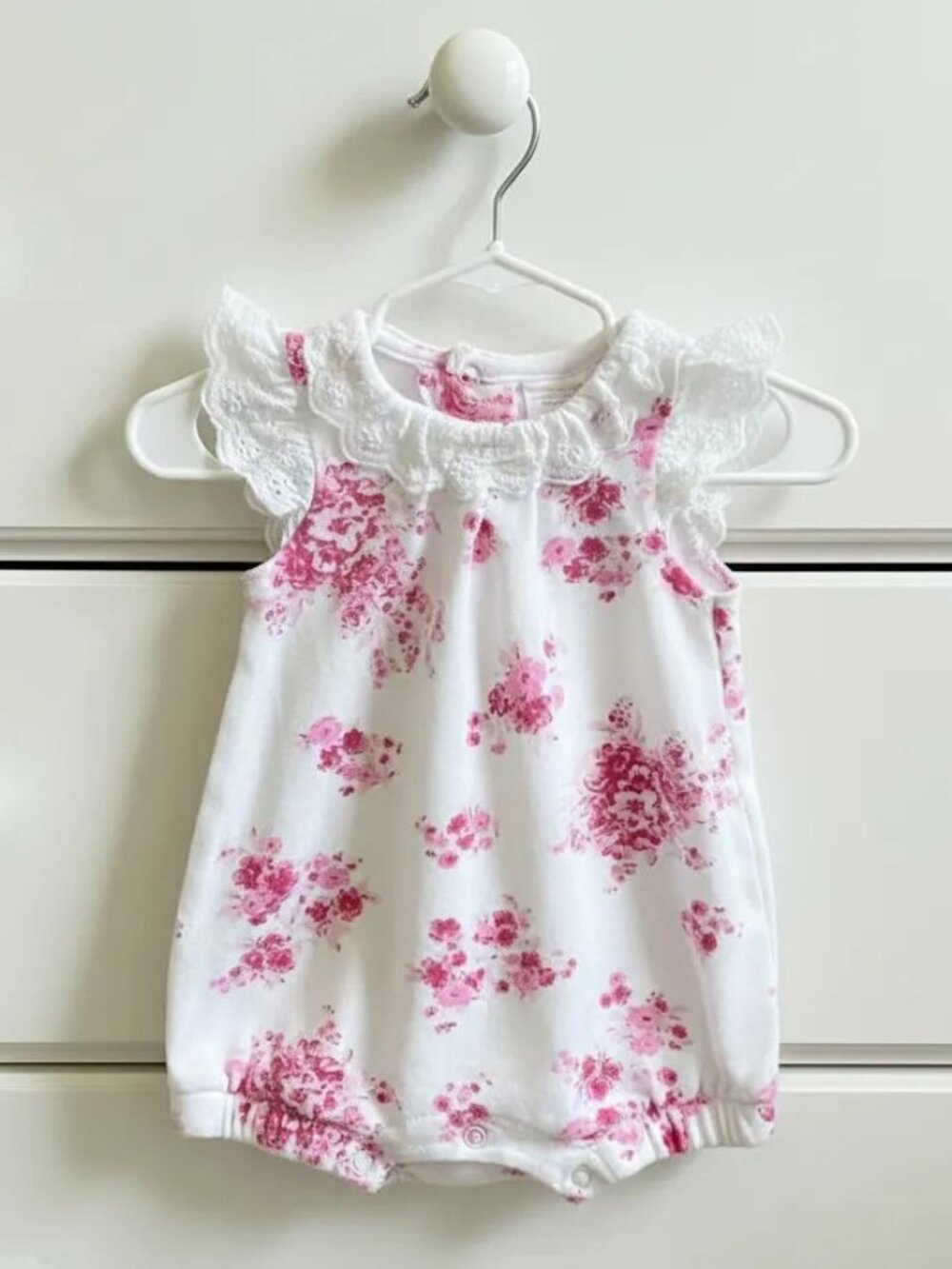 White Floral Lace-Trim Bubble Romper 0-3 Months